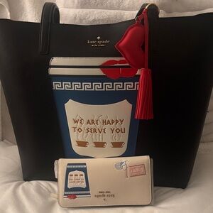 Kate Spade Black Tote with Coffee Cup Design, And Kate Spade Wallet Coffee Cup